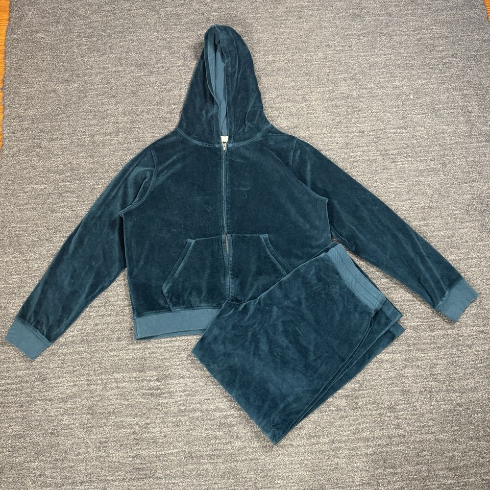 Pact Velour Lounge Set Women S/M Teal Full Zip Wide Leg Crop Cotton Organic - Picture 1 of 15